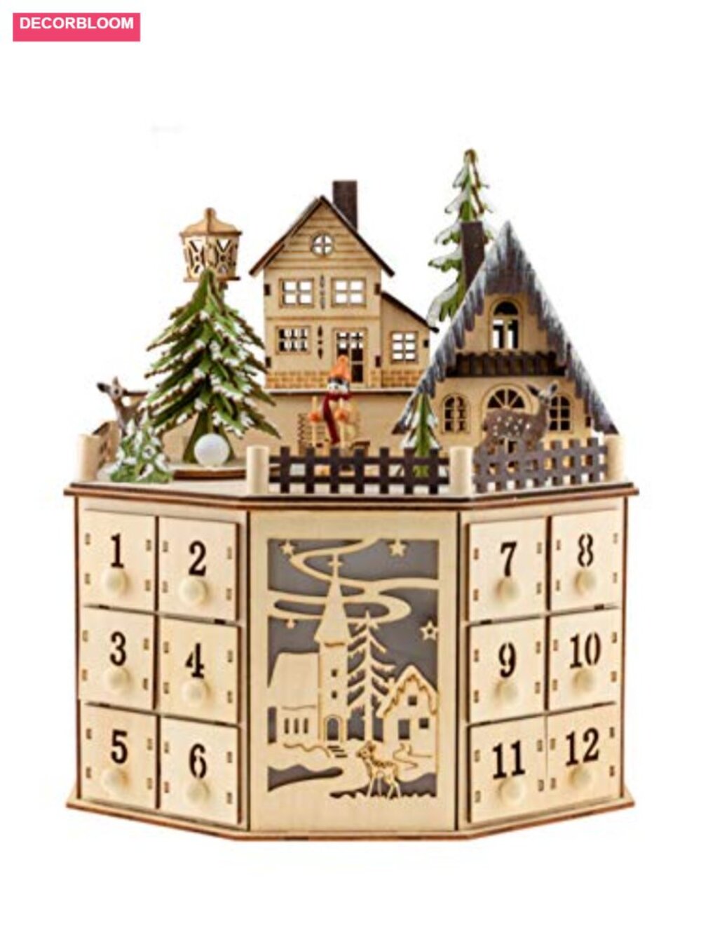 Wooden Christmas Advent Calendar Countdown LED Holiday Village Decor